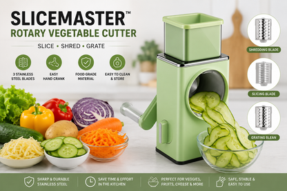 SliceMaster Rotary Stainless Steel Vegetable Cutter – 3-in-1 Manual Kitchen Slicer & Grateri