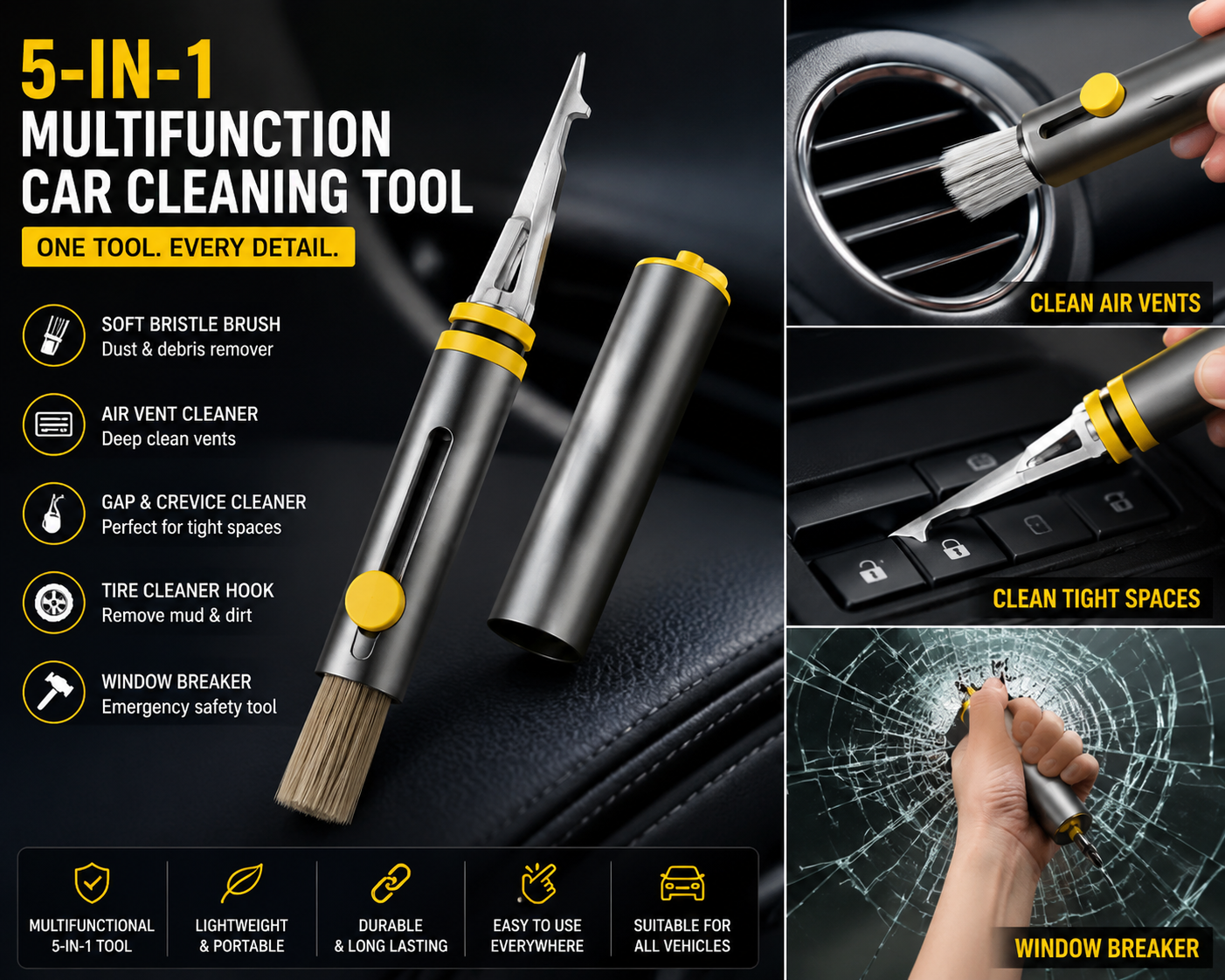 CleanPro 5-in-1 Multifunction Car Detailing Brush – Air Vent, Tire & Interior Cleaning Tool