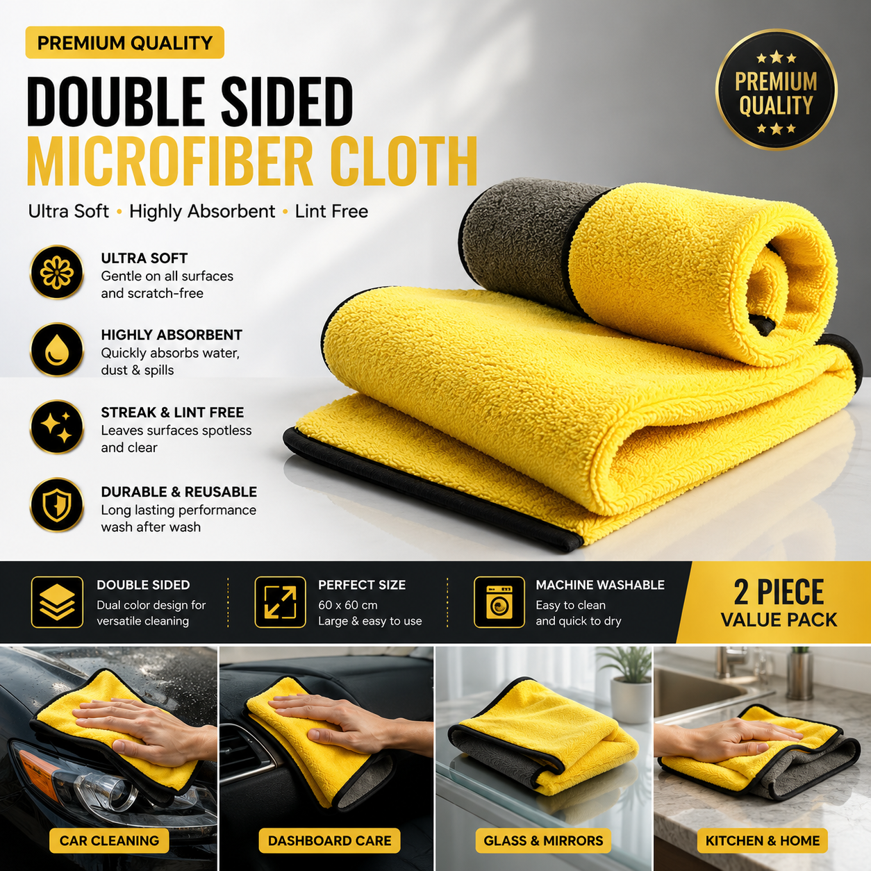 Premium Microfiber Cleaning Cloth – Ultra Absorbent, Lint-Free & Streak-Free Towel for Car, Glass, Kitchen & Home