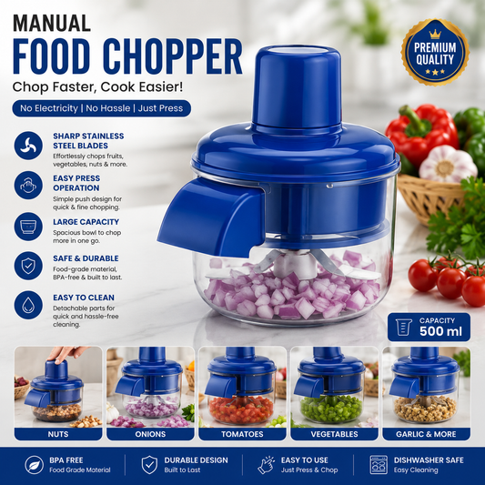 Manual Food Chopper – Hand Press Vegetable & Fruit Cutter | Quick Onion, Garlic & Nut Chopper