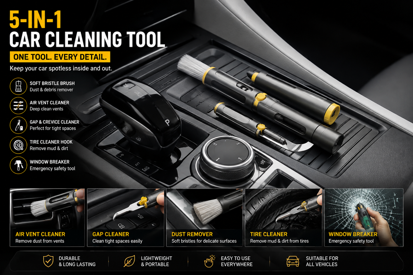 CleanPro 5-in-1 Multifunction Car Detailing Brush – Air Vent, Tire & Interior Cleaning Tool