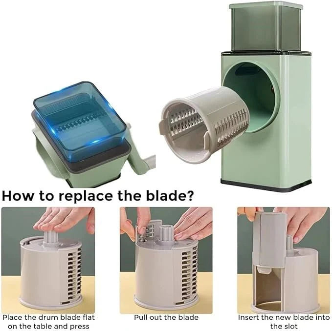 SliceMaster Rotary Stainless Steel Vegetable Cutter – 3-in-1 Manual Kitchen Slicer & Grateri