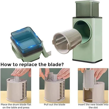 SliceMaster Rotary Stainless Steel Vegetable Cutter – 3-in-1 Manual Kitchen Slicer & Grateri